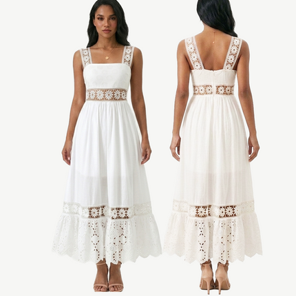 Women's White Lace Maxi Dress – Sleeveless Floral Boho Beach Dress