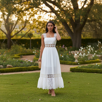 Women's White Lace Maxi Dress – Sleeveless Floral Boho Beach Dress