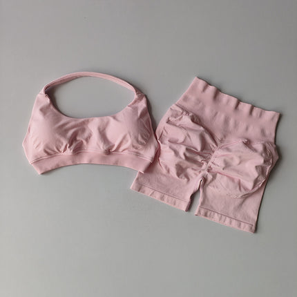 Halter Backless Bra High Waist Peach Sports Shorts Suit