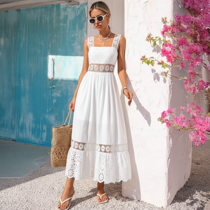 Women's White Lace Maxi Dress – Sleeveless Floral Boho Beach Dress