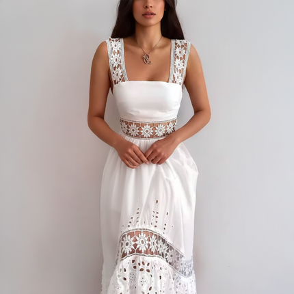 Women's White Lace Maxi Dress – Sleeveless Floral Boho Beach Dress